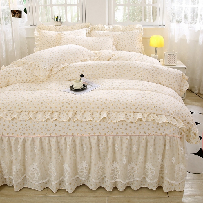 91家纺网 家纺一手货源 找家纺 曲之慕 2026新款韩版双层纱蕾丝花边床裙款四件套 栀子海