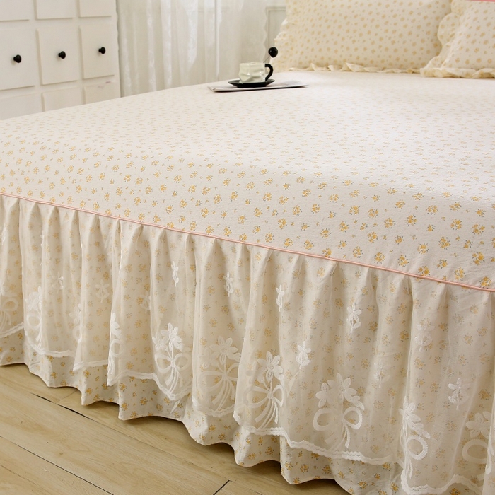 91家纺网 家纺一手货源 找家纺 曲之慕 2026新款韩版双层纱蕾丝花边床裙款四件套 栀子海