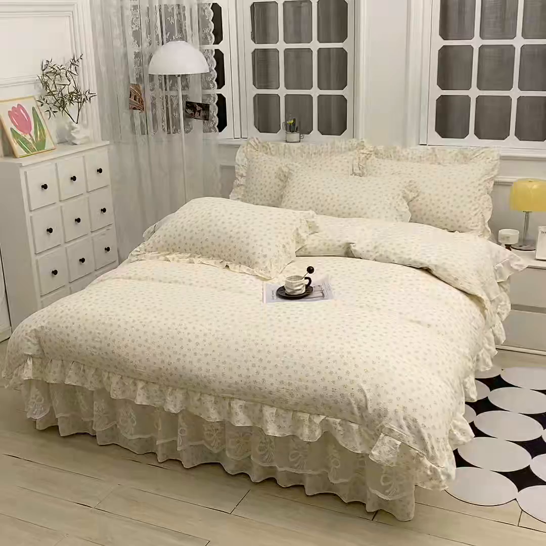 91家纺网 家纺一手货源 找家纺 曲之慕 2026新款韩版双层纱蕾丝花边床裙款四件套 栀子海