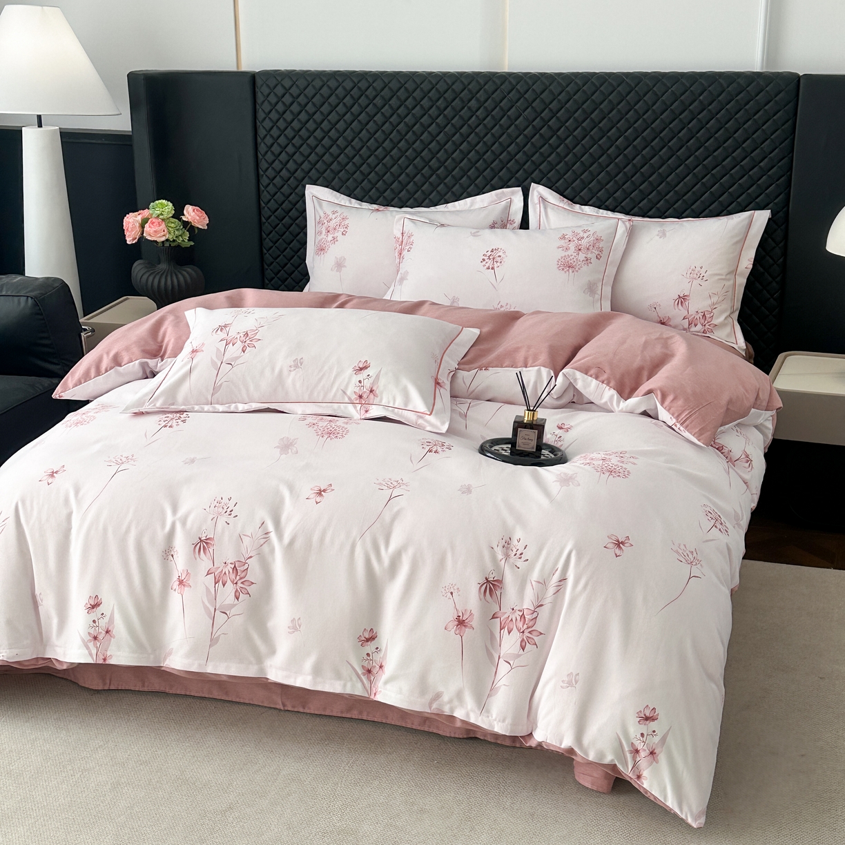 91家纺网 家纺一手货源 找家纺 幸嘉轩 2025新款全棉纯棉喷气加厚磨毛四件套-系列五墨鱼花茶