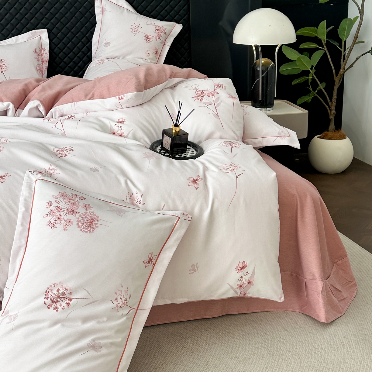 91家纺网 家纺一手货源 找家纺 幸嘉轩 2025新款全棉纯棉喷气加厚磨毛四件套-系列五墨鱼花茶