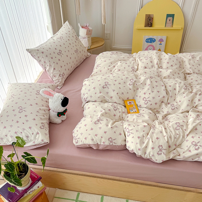 91家纺网 家纺一手货源 找家纺 竹合家纺 2026新款春款A类古法水洗仿棉云感棉小布袋四件套蝴蝶结花环