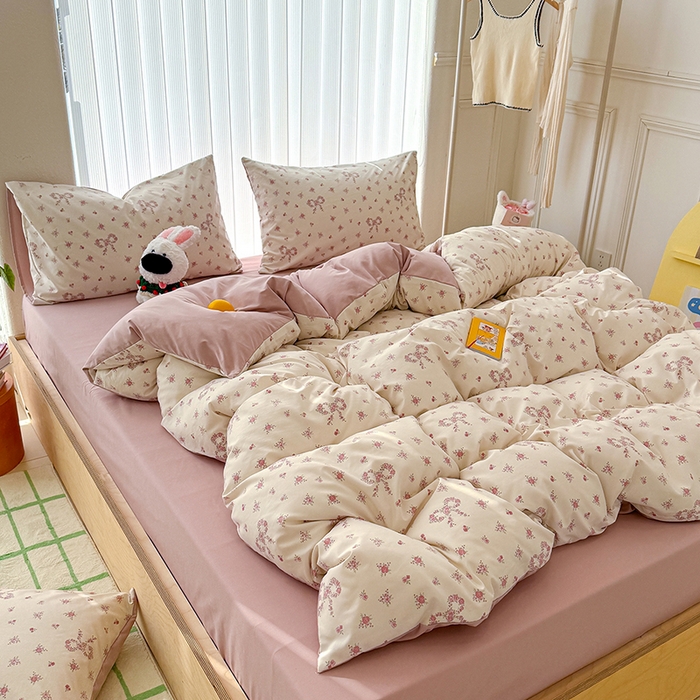 91家纺网 家纺一手货源 找家纺 竹合家纺 2026新款春款A类古法水洗仿棉云感棉小布袋四件套蝴蝶结花环