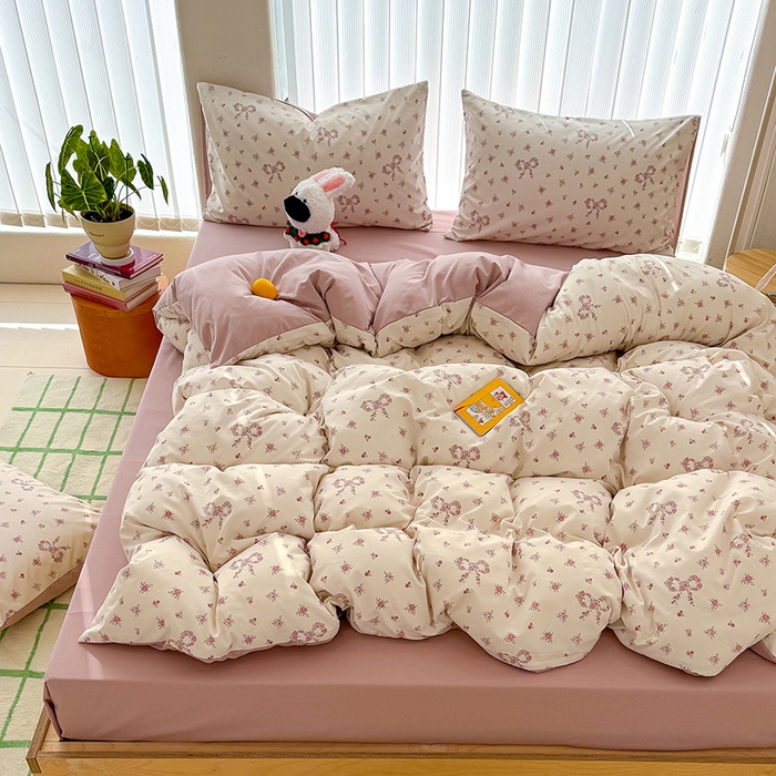 91家纺网 家纺一手货源 找家纺 竹合家纺 2026新款春款A类古法水洗仿棉云感棉小布袋四件套蝴蝶结花环