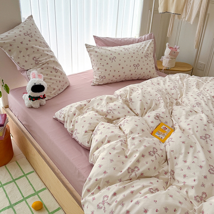 91家纺网 家纺一手货源 找家纺 竹合家纺 2026新款春款A类古法水洗仿棉云感棉小布袋四件套蝴蝶结花环