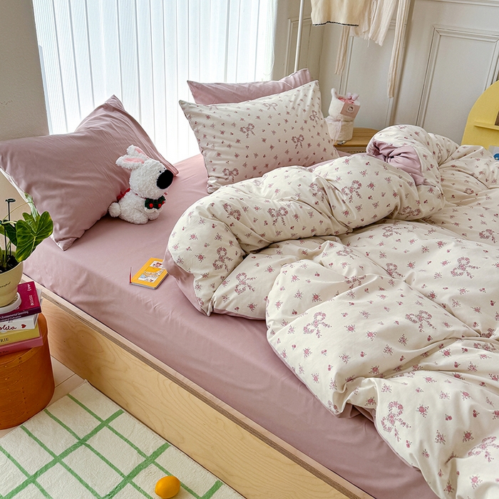 91家纺网 家纺一手货源 找家纺 竹合家纺 2026新款春款A类古法水洗仿棉云感棉小布袋四件套蝴蝶结花环