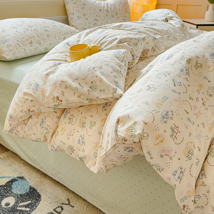 91家纺网 家纺一手货源 找家纺 感遇家纺 2026新款全棉纯棉印花13372四件套 蜡笔汽车