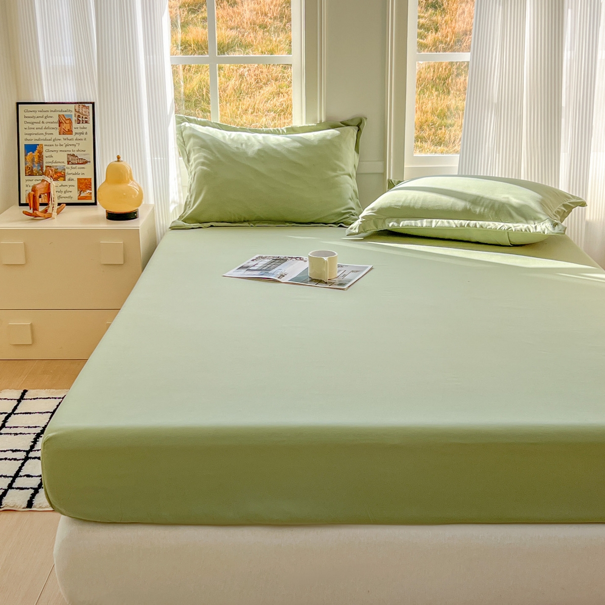 91家纺网 家纺一手货源 找家纺 卡诗兰 2025新款外贸跨境电商亚马逊速卖通单床笠三件套欧美尺寸多多跨境平台TEMU SHEIN 草绿