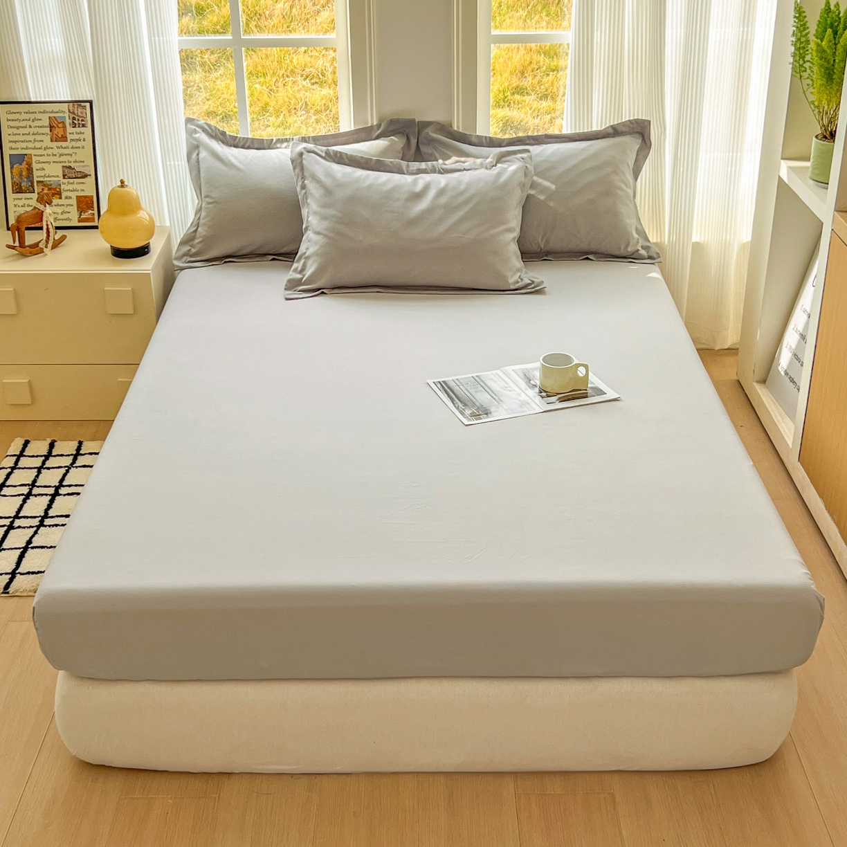 卡詩蘭 2025新款外貿跨境電商亞馬遜速賣通單床笠三件套歐美尺寸多多跨境平臺TEMU SHEIN 淺灰