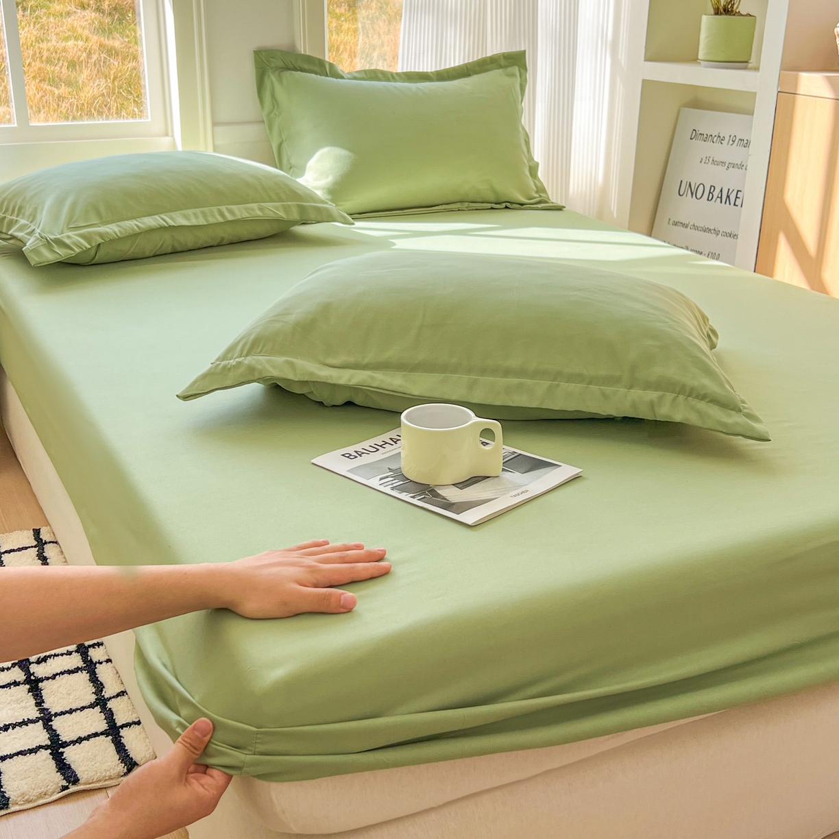 91家纺网 家纺一手货源 找家纺 卡诗兰 2025新款外贸跨境电商亚马逊速卖通单床笠三件套欧美尺寸多多跨境平台TEMU SHEIN 草绿