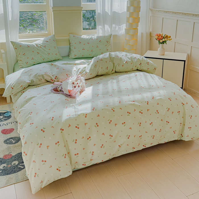 91家纺网 家纺一手货源 找家纺 感遇家纺 2026新款全棉纯棉印花13372四件套 心雨落樱-绿