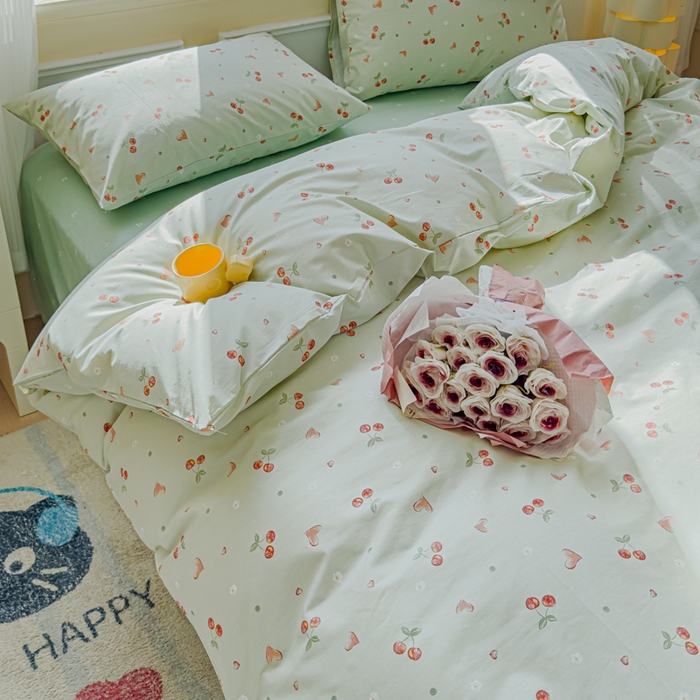 91家纺网 家纺一手货源 找家纺 感遇家纺 2026新款全棉纯棉印花13372四件套 心雨落樱-绿