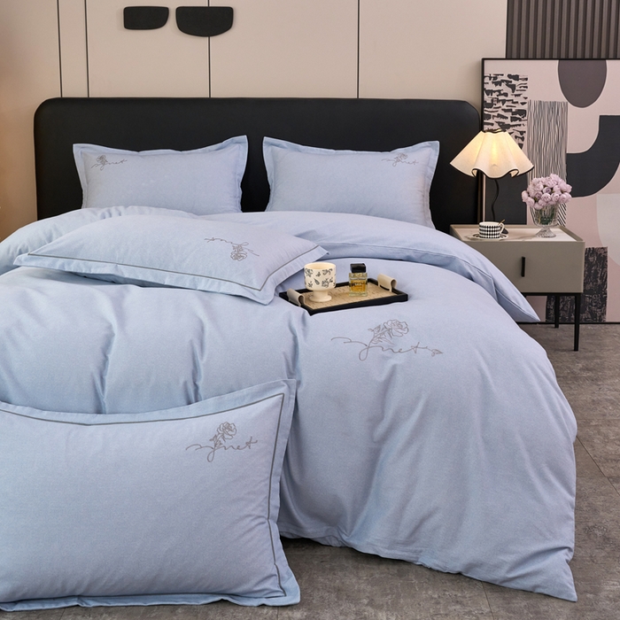 91家纺网 家纺一手货源 找家纺 三沁家居 2025新款全棉磨毛刺绣四件套-玫瑰物语 玫瑰物语-蓝灰