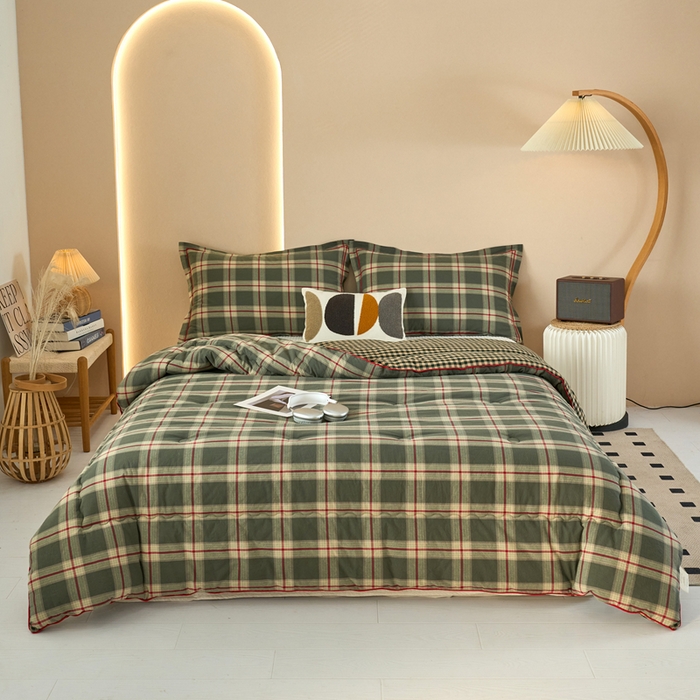 91家纺网 家纺一手货源 找家纺 三沁家居 2025新款全棉色织水洗棉大豆被冬被被子被芯 格调雅韵绿