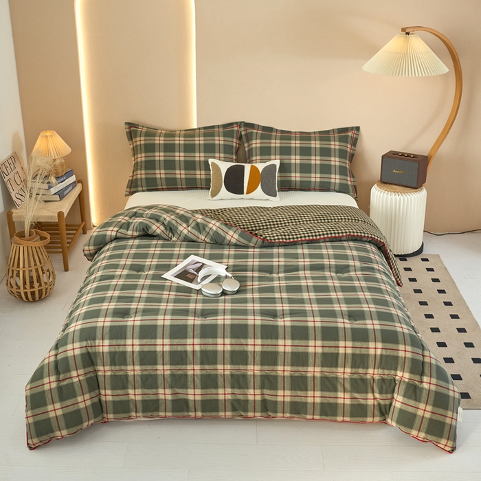 91家纺网 家纺一手货源 找家纺 三沁家居 2025新款全棉色织水洗棉大豆被冬被被子被芯 格调雅韵绿