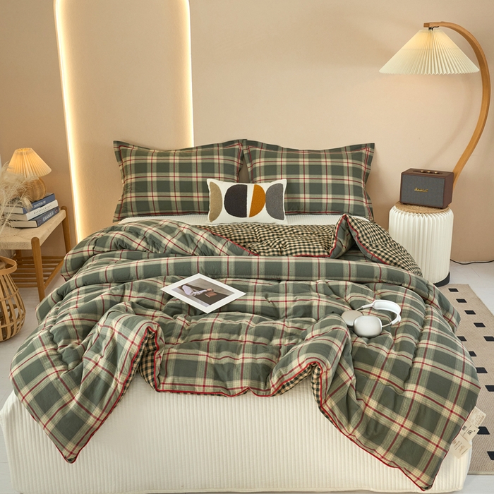 91家纺网 家纺一手货源 找家纺 三沁家居 2025新款全棉色织水洗棉大豆被冬被被子被芯 格调雅韵绿