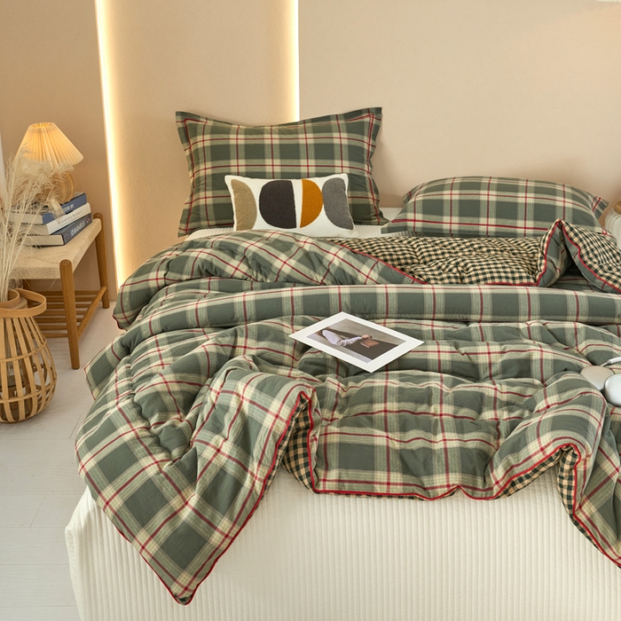 91家纺网 家纺一手货源 找家纺 三沁家居 2025新款全棉色织水洗棉大豆被冬被被子被芯 格调雅韵绿