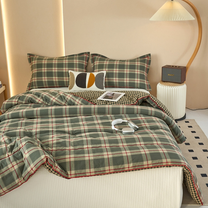 91家纺网 家纺一手货源 找家纺 三沁家居 2025新款全棉色织水洗棉大豆被冬被被子被芯 格调雅韵绿