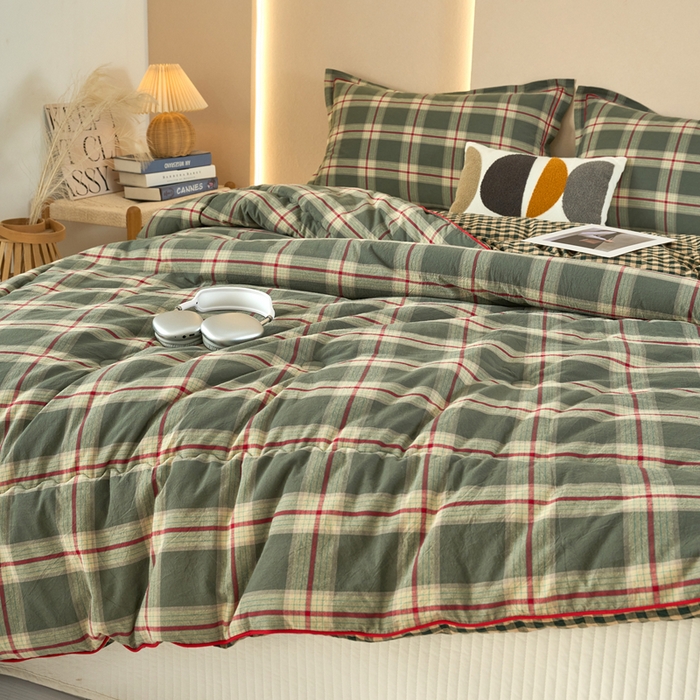 91家纺网 家纺一手货源 找家纺 三沁家居 2025新款全棉色织水洗棉大豆被冬被被子被芯 格调雅韵绿