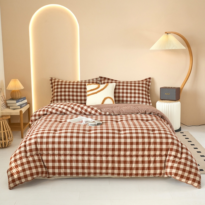 91家纺网 家纺一手货源 找家纺 三沁家居 2025新款全棉色织水洗棉大豆被冬被被子被芯 咖中格