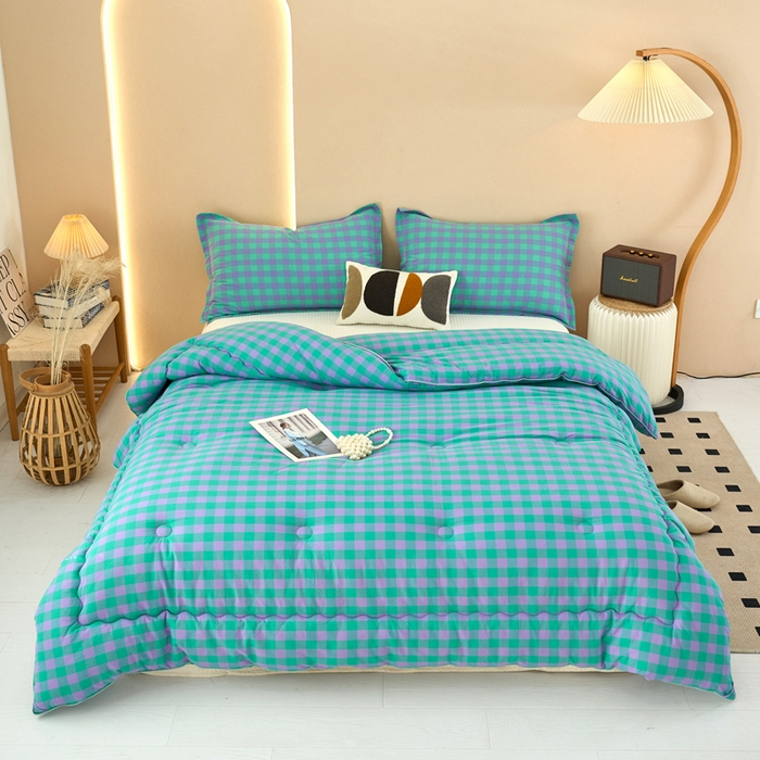 91家纺网 家纺一手货源 找家纺 三沁家居 2025新款全棉色织水洗棉大豆被冬被被子被芯 梦幻紫绿