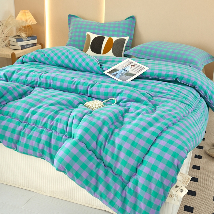 91家纺网 家纺一手货源 找家纺 三沁家居 2025新款全棉色织水洗棉大豆被冬被被子被芯 梦幻紫绿