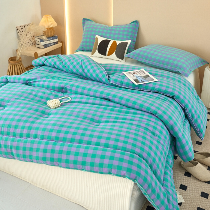 91家纺网 家纺一手货源 找家纺 三沁家居 2025新款全棉色织水洗棉大豆被冬被被子被芯 梦幻紫绿