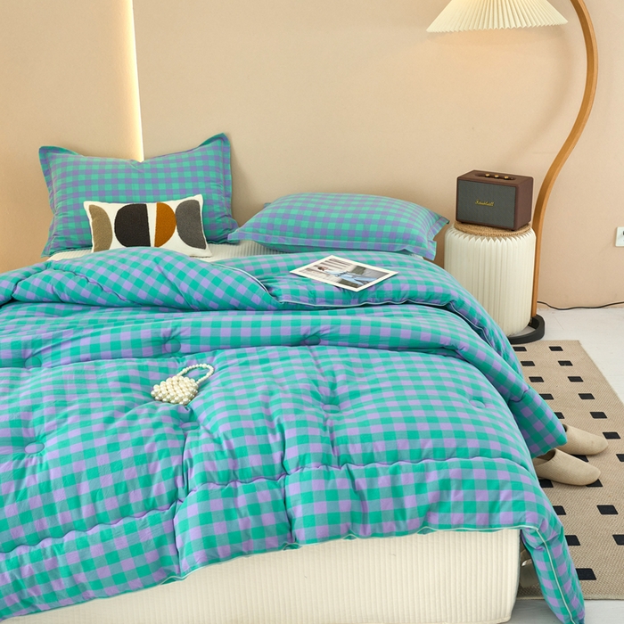 91家纺网 家纺一手货源 找家纺 三沁家居 2025新款全棉色织水洗棉大豆被冬被被子被芯 梦幻紫绿