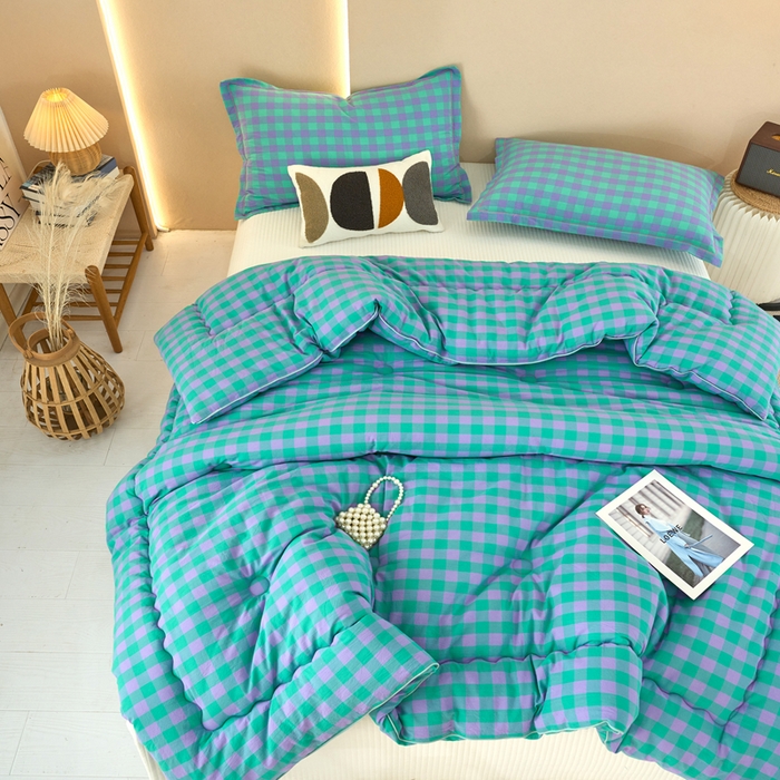 91家纺网 家纺一手货源 找家纺 三沁家居 2025新款全棉色织水洗棉大豆被冬被被子被芯 梦幻紫绿