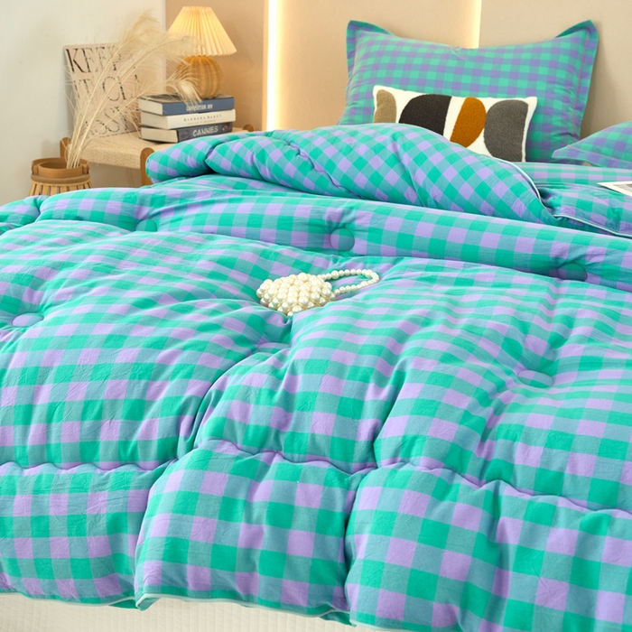 91家纺网 家纺一手货源 找家纺 三沁家居 2025新款全棉色织水洗棉大豆被冬被被子被芯 梦幻紫绿