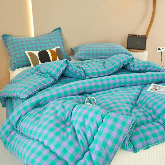 91家纺网 家纺一手货源 找家纺 三沁家居 2025新款全棉色织水洗棉大豆被冬被被子被芯 梦幻紫绿