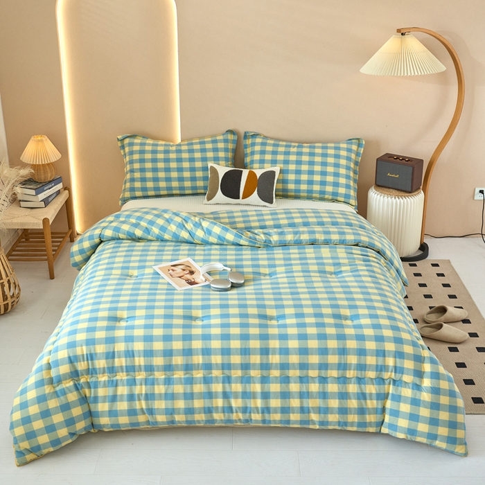 91家纺网 家纺一手货源 找家纺 三沁家居 2025新款全棉色织水洗棉大豆被冬被被子被芯 浅绿黄中格