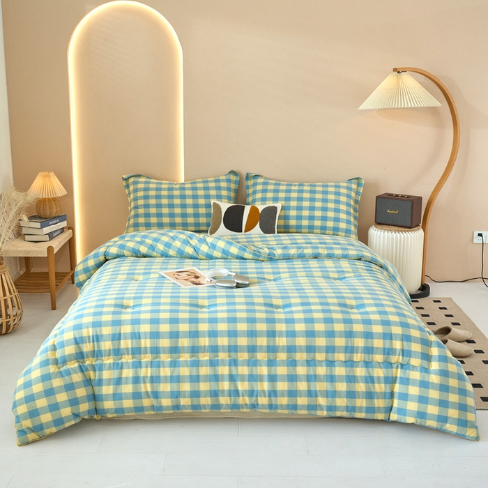 91家纺网 家纺一手货源 找家纺 三沁家居 2025新款全棉色织水洗棉大豆被冬被被子被芯 浅绿黄中格