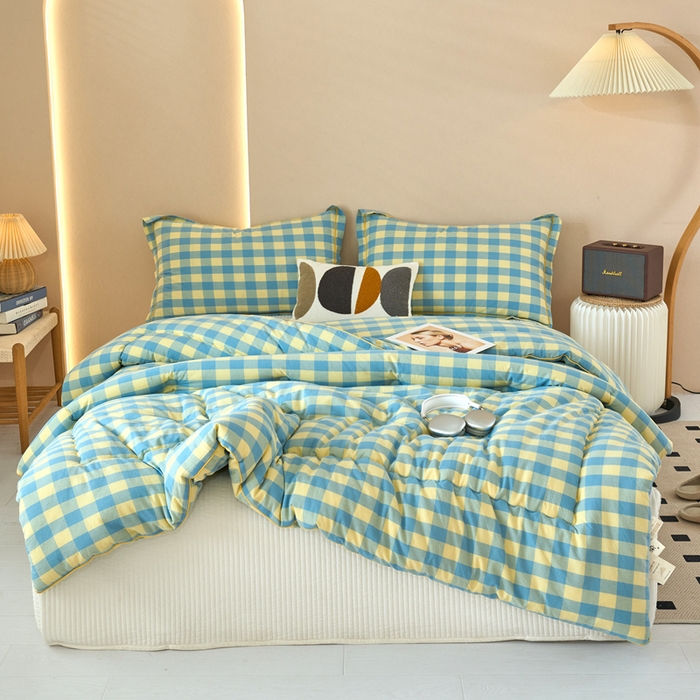 91家纺网 家纺一手货源 找家纺 三沁家居 2025新款全棉色织水洗棉大豆被冬被被子被芯 浅绿黄中格