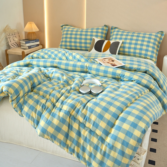 91家纺网 家纺一手货源 找家纺 三沁家居 2025新款全棉色织水洗棉大豆被冬被被子被芯 浅绿黄中格