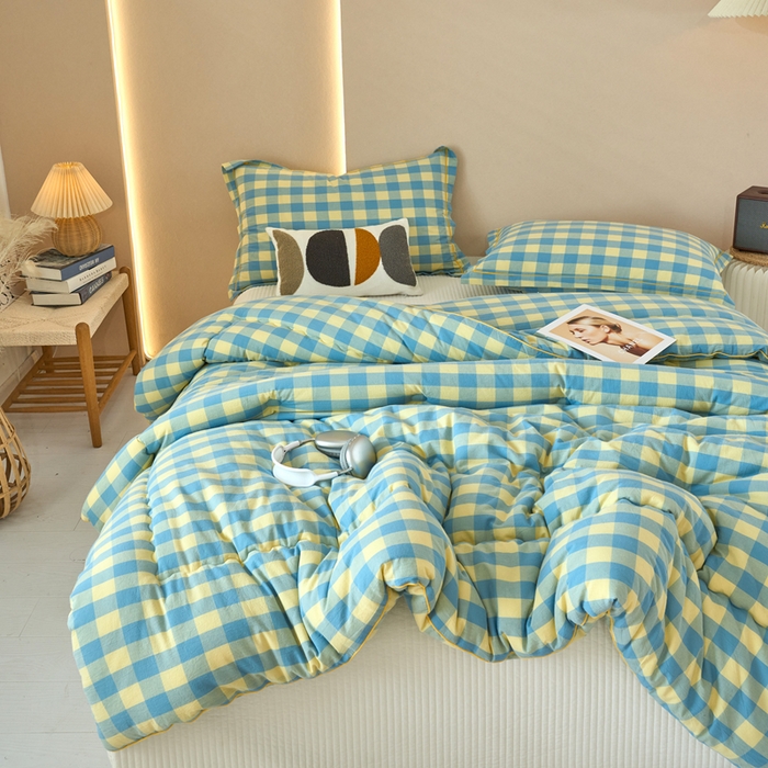 91家纺网 家纺一手货源 找家纺 三沁家居 2025新款全棉色织水洗棉大豆被冬被被子被芯 浅绿黄中格