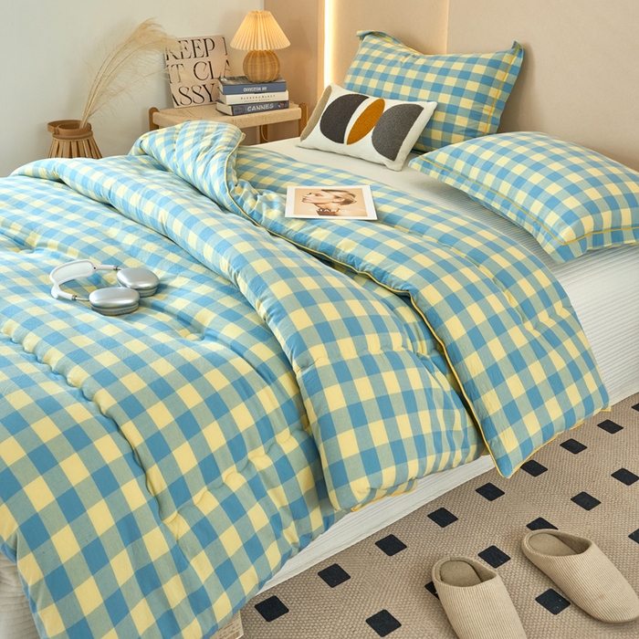 91家纺网 家纺一手货源 找家纺 三沁家居 2025新款全棉色织水洗棉大豆被冬被被子被芯 浅绿黄中格