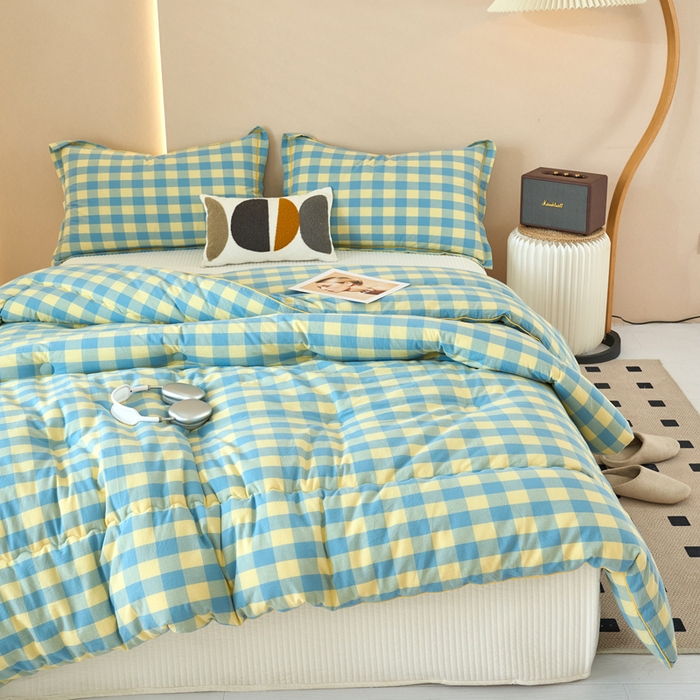 91家纺网 家纺一手货源 找家纺 三沁家居 2025新款全棉色织水洗棉大豆被冬被被子被芯 浅绿黄中格