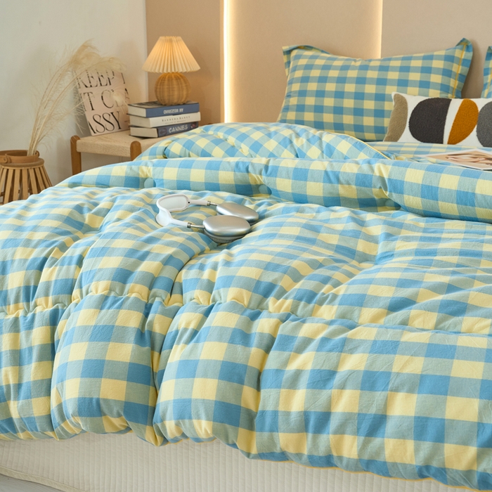 91家纺网 家纺一手货源 找家纺 三沁家居 2025新款全棉色织水洗棉大豆被冬被被子被芯 浅绿黄中格