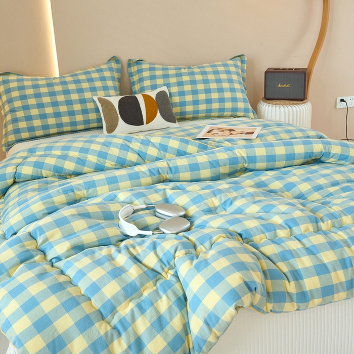 91家纺网 家纺一手货源 找家纺 三沁家居 2025新款全棉色织水洗棉大豆被冬被被子被芯 浅绿黄中格