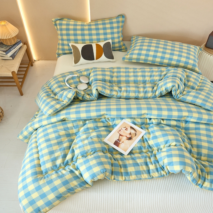 91家纺网 家纺一手货源 找家纺 三沁家居 2025新款全棉色织水洗棉大豆被冬被被子被芯 浅绿黄中格