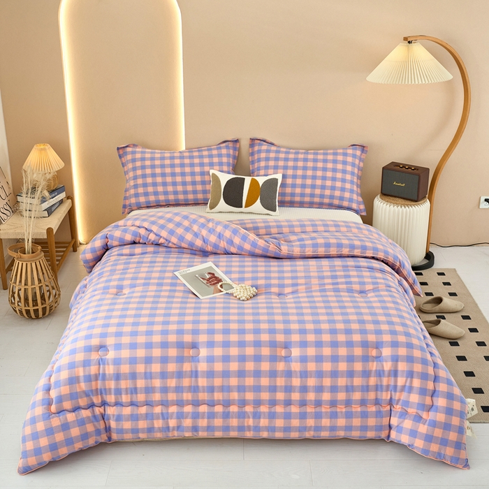 91家纺网 家纺一手货源 找家纺 三沁家居 2025新款全棉色织水洗棉大豆被冬被被子被芯 香芋紫中格