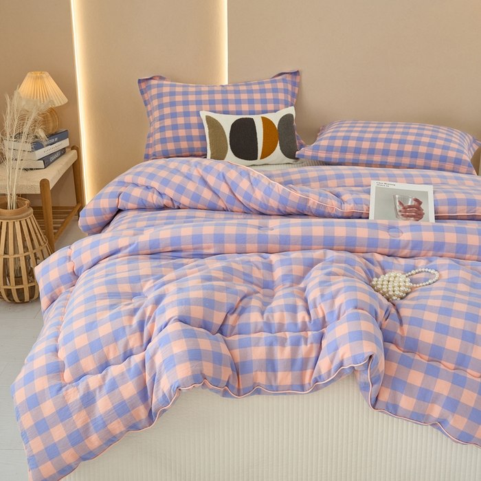 91家纺网 家纺一手货源 找家纺 三沁家居 2025新款全棉色织水洗棉大豆被冬被被子被芯 香芋紫中格