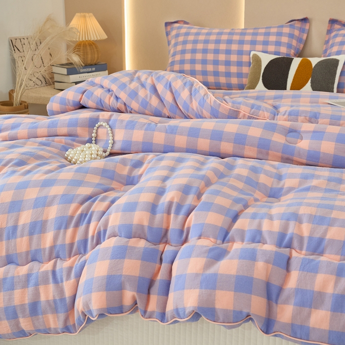 91家纺网 家纺一手货源 找家纺 三沁家居 2025新款全棉色织水洗棉大豆被冬被被子被芯 香芋紫中格