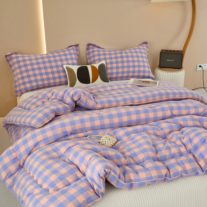 91家纺网 家纺一手货源 找家纺 三沁家居 2025新款全棉色织水洗棉大豆被冬被被子被芯 香芋紫中格