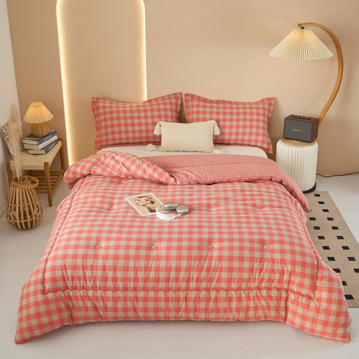 91家纺网 家纺一手货源 找家纺 三沁家居 2025新款全棉色织水洗棉大豆被冬被被子被芯 专粉中格