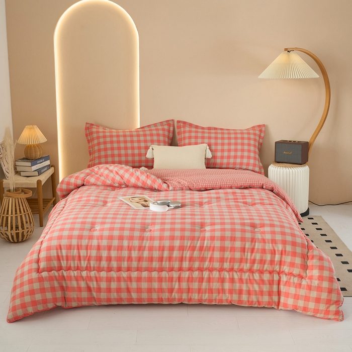 91家纺网 家纺一手货源 找家纺 三沁家居 2025新款全棉色织水洗棉大豆被冬被被子被芯 专粉中格