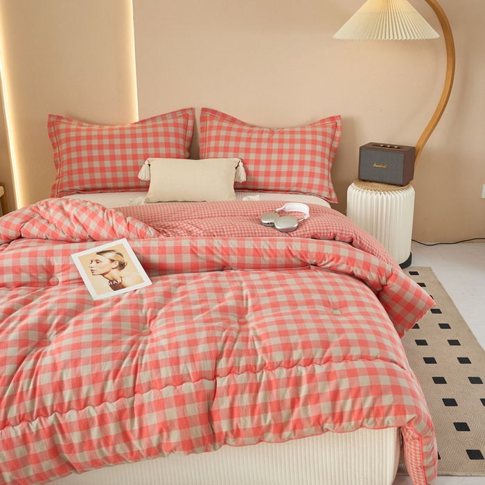 91家纺网 家纺一手货源 找家纺 三沁家居 2025新款全棉色织水洗棉大豆被冬被被子被芯 专粉中格