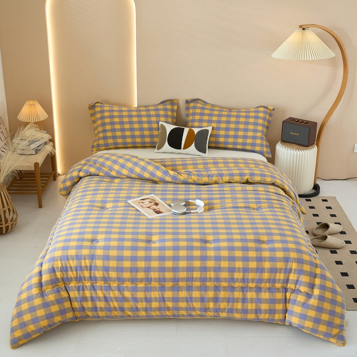 91家纺网 家纺一手货源 找家纺 三沁家居 2025新款全棉色织水洗棉大豆被冬被被子被芯 紫黄中格