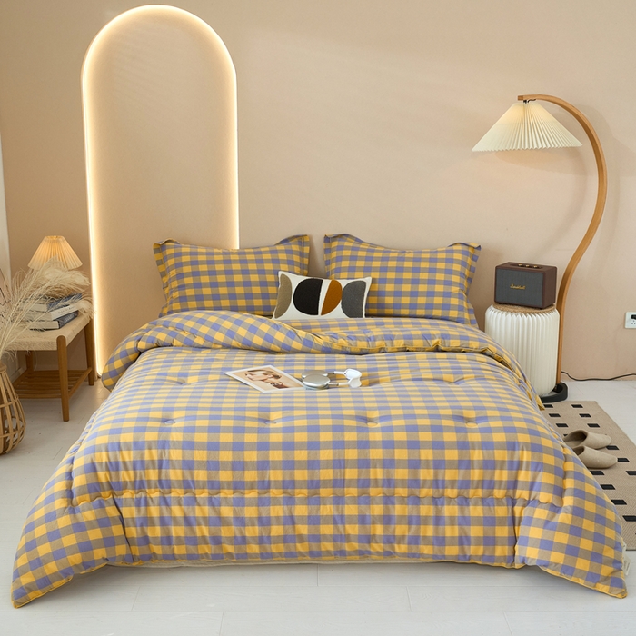 91家纺网 家纺一手货源 找家纺 三沁家居 2025新款全棉色织水洗棉大豆被冬被被子被芯 紫黄中格